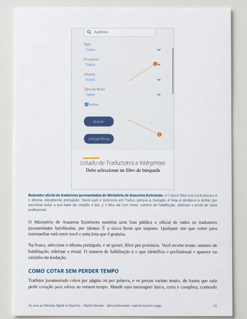 Página do guia com a tela anotada do buscador oficial de tradutores juramentados